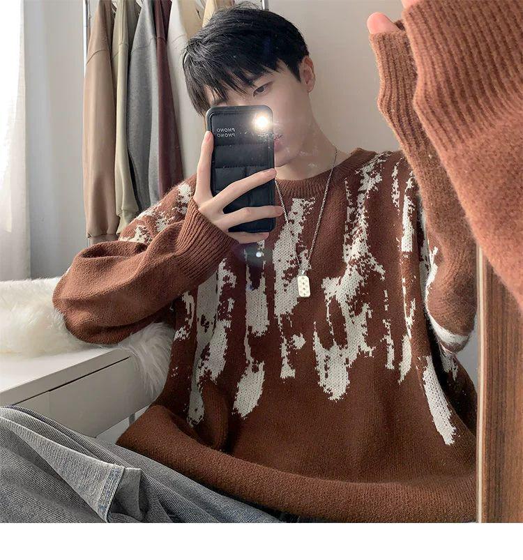 Korean Tie-Dye Men's Sweater: Trendy 2026 Autumn/Winter Knitwear, Youthful Loose Fit