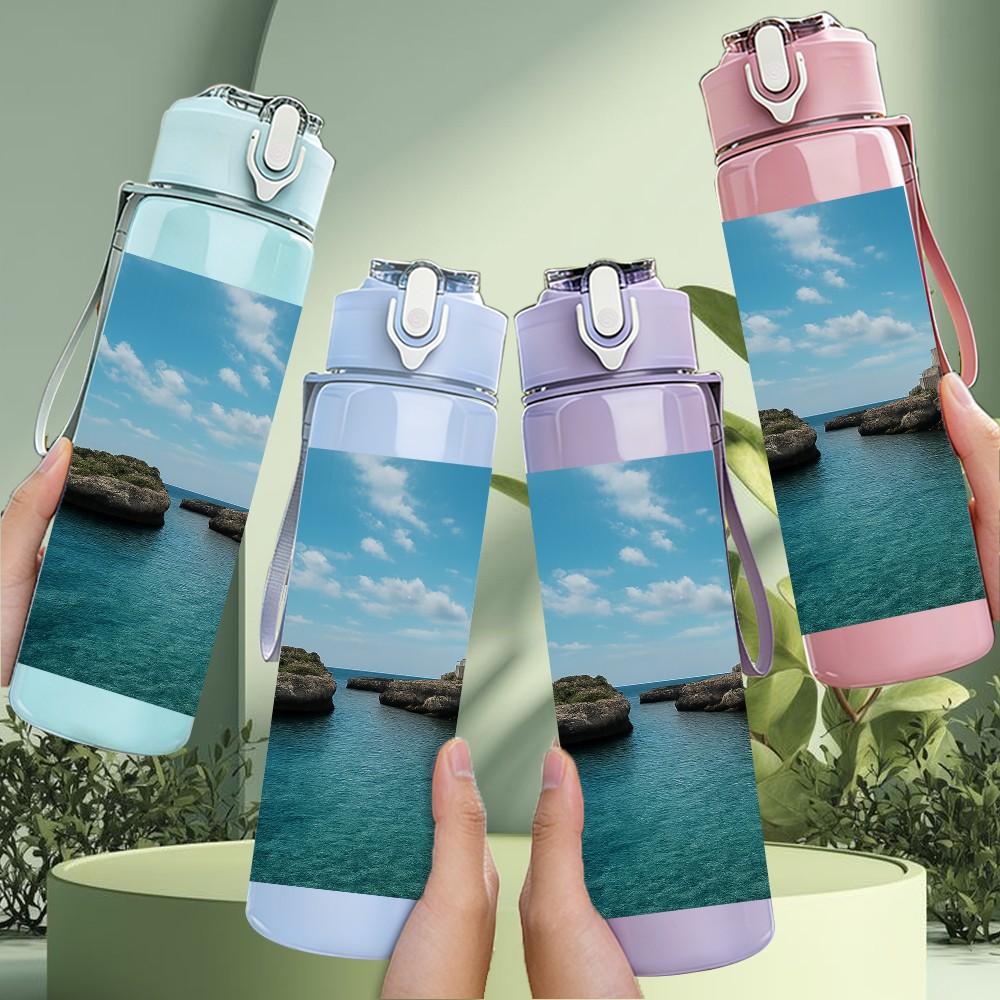 1PC Sea Cliff Blue Ocean Landscape Print 750ml Color Plastic Sports Water Bottle Leakproof Flip Straw Lid Suitable for Sports Office Home Use
