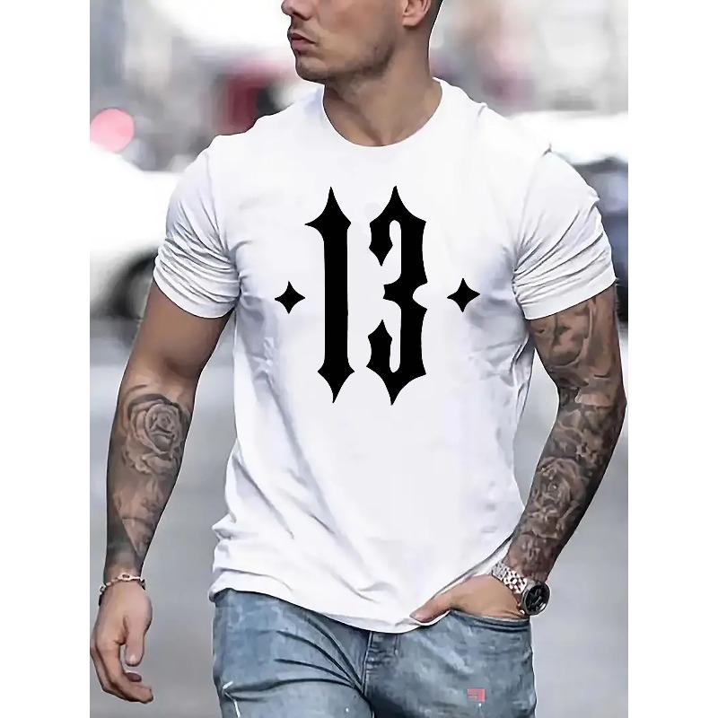 European sizes 1pc Men'S Fashionable Geometric Number 13 Print T-Shirt, Casual Crew Neck Short Sleeve Top