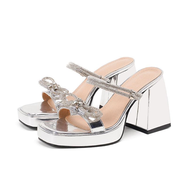 

Coarse-heeled sandals women s summer 2025 new bow rhinestone open-toed cool slippers design sense niche high heels 40 серебряный