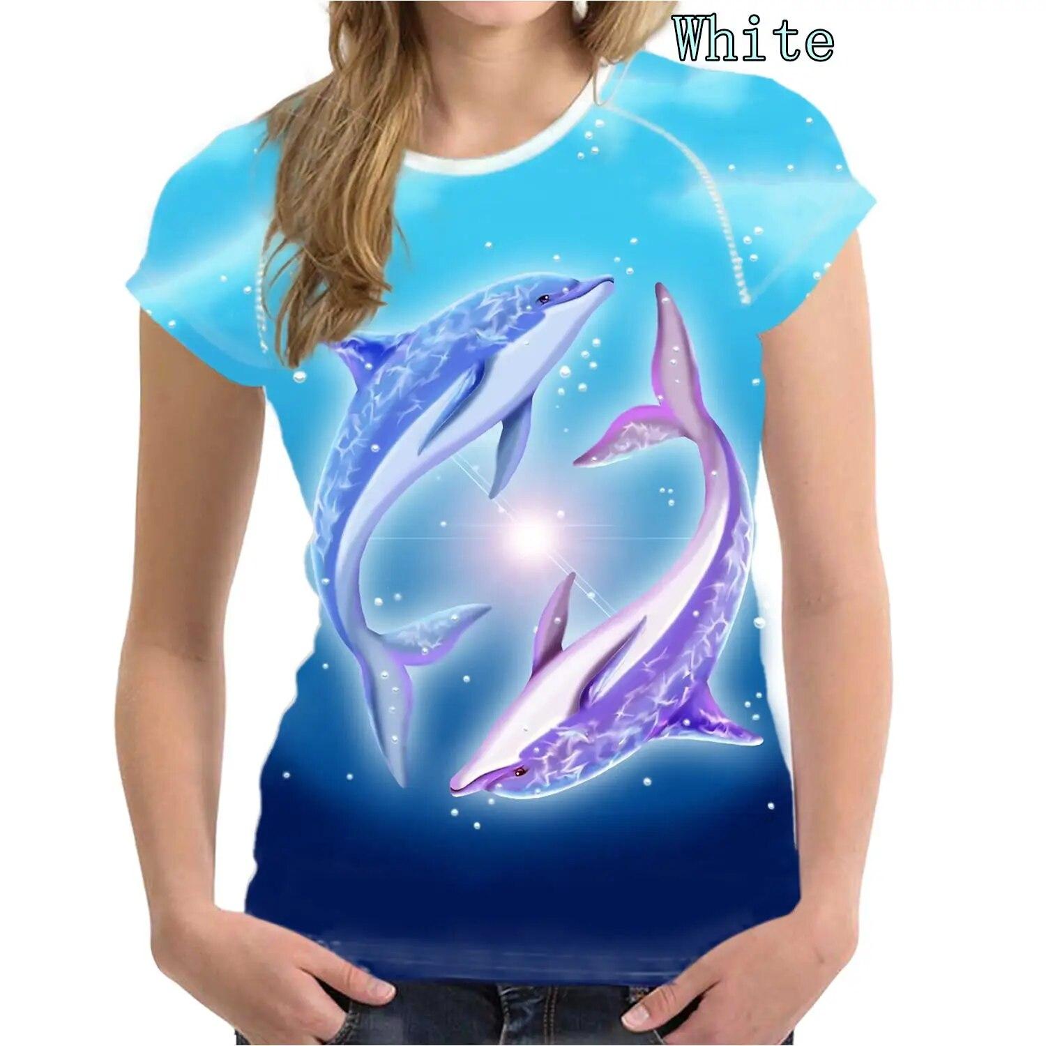 

Новые женские модные летние повседневные футболки с короткими рукавами и круглым вырезом с 3d принтом, женские рубашки с дельфинами XS