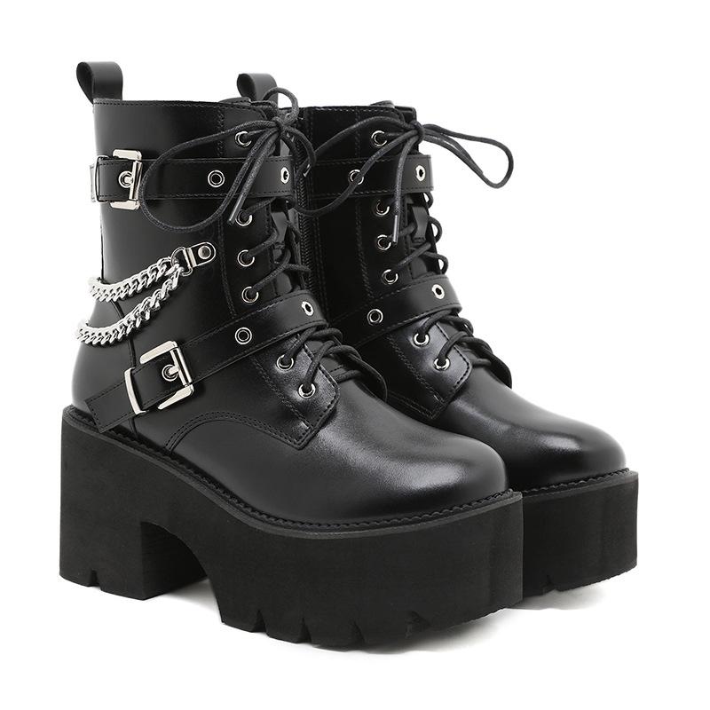 Coarse Heel Platform Women's Boots Belt Buckle Metal Chain Fashion Boots Side Zipper Muffin Martin Boots