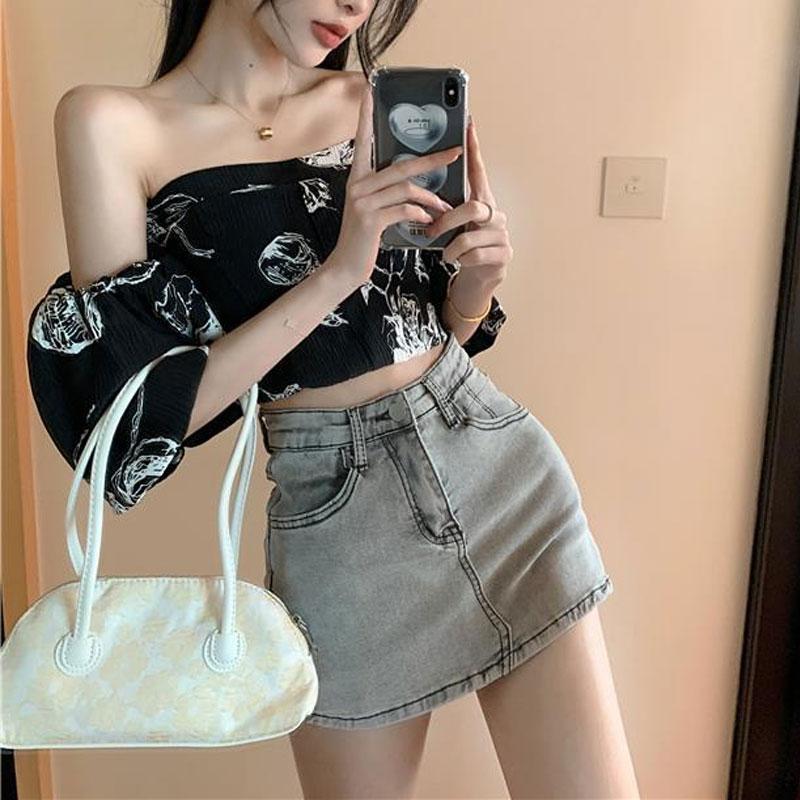 Cămașă elegantă cu gât barcă, slim, îmbrăcăminte feminină, stil franțuzesc, cu mânecă scurtă, de vară, vintage, imprimată, sexy, cu umerii goi, bluză scurtă