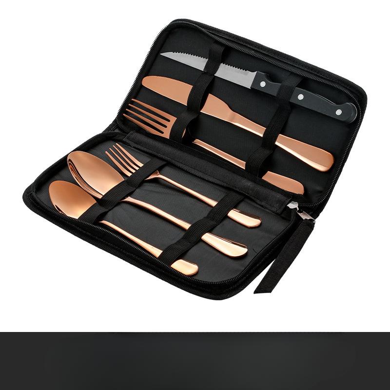 

Портативный набор посуды из нержавеющей стали для пикника на открытом воздухе, дорожная посуда для кемпинга, нож для стейка, вилка и ложка 6set розового золота