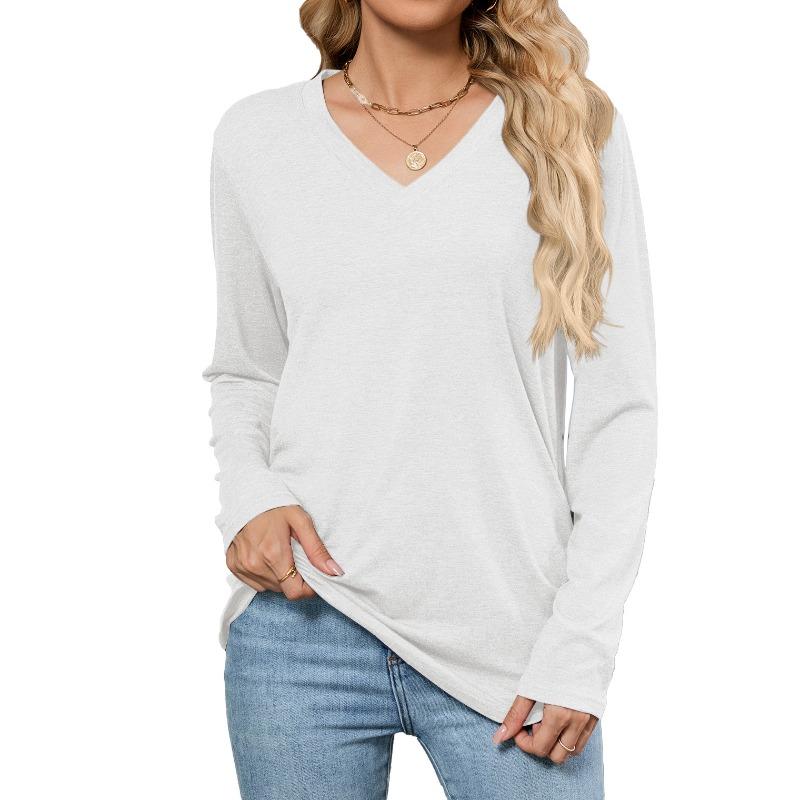 Autumn New Casual Pullover V-neck Solid Color Loose Long-sleeved T-shirt Top