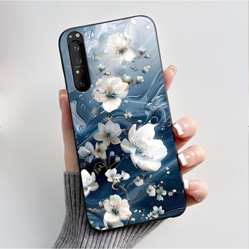 Hülle für Sony Xperia 1 II 1 III Luxus Mode Schmetterling Blume Schwarzes Silikon TPU Weiche Handyhülle für Sony 1II 1III Rückseite