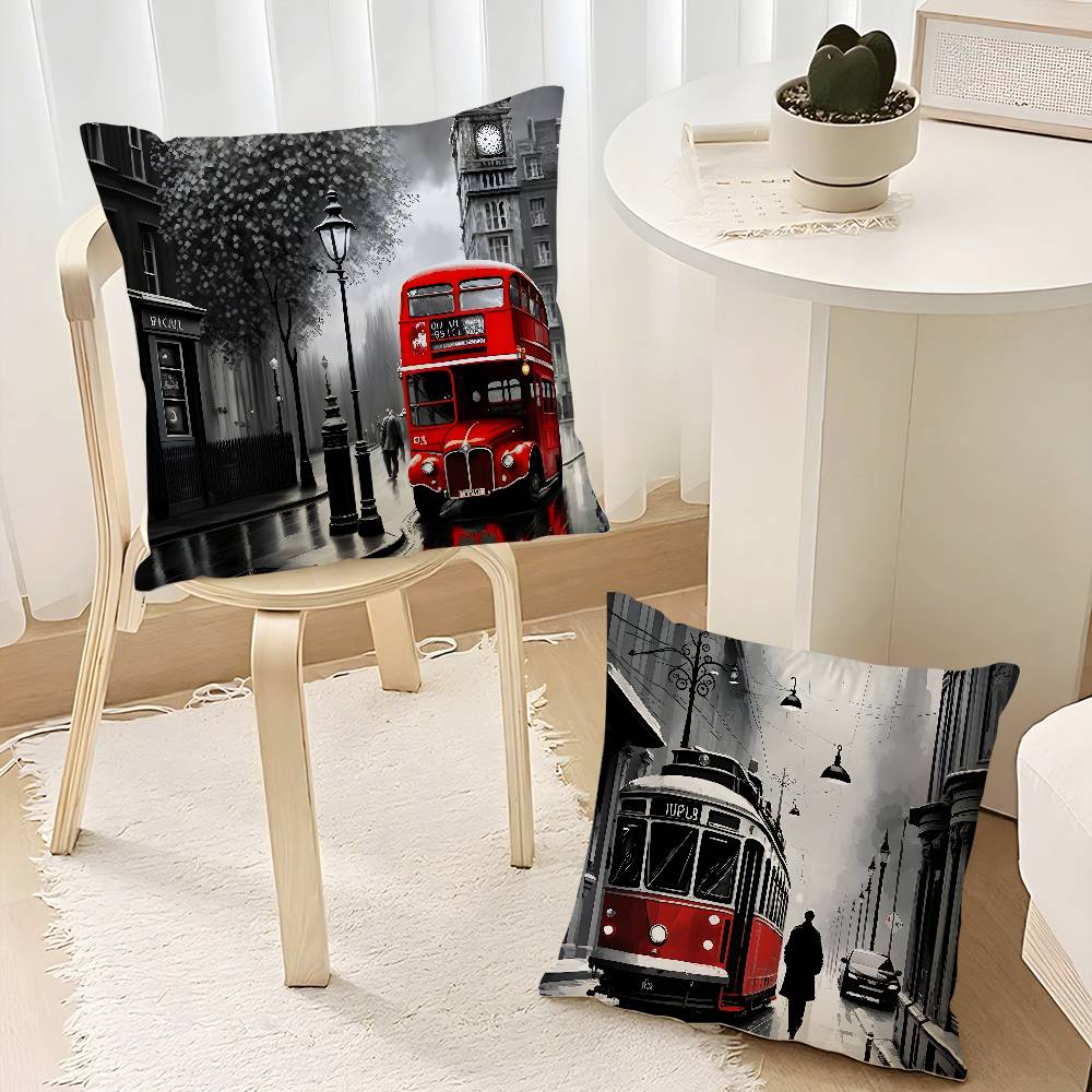 Urban Bus Car London Sreet Eiffel Tower Pillow Case Sofa Decorative Home Double-Sided Printing Short Plush Cushion Pillow Cover