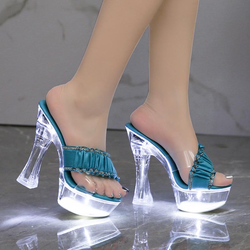 

Женские сандалии со светодиодной подсветкой, толстые блестящие тапочки на прозрачном каблуке, прогулочные туфли, стальные трубы для танцев, кристаллы LFD-10365-A31 40 синий