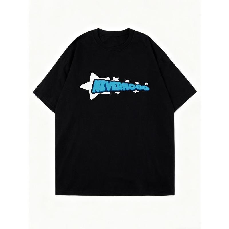 Koszulka Oversize Czarna Logo Neverhood z Grafiką Gwiazd Casualowy Top Streetwear Dla Kobiet i Mężczyzn