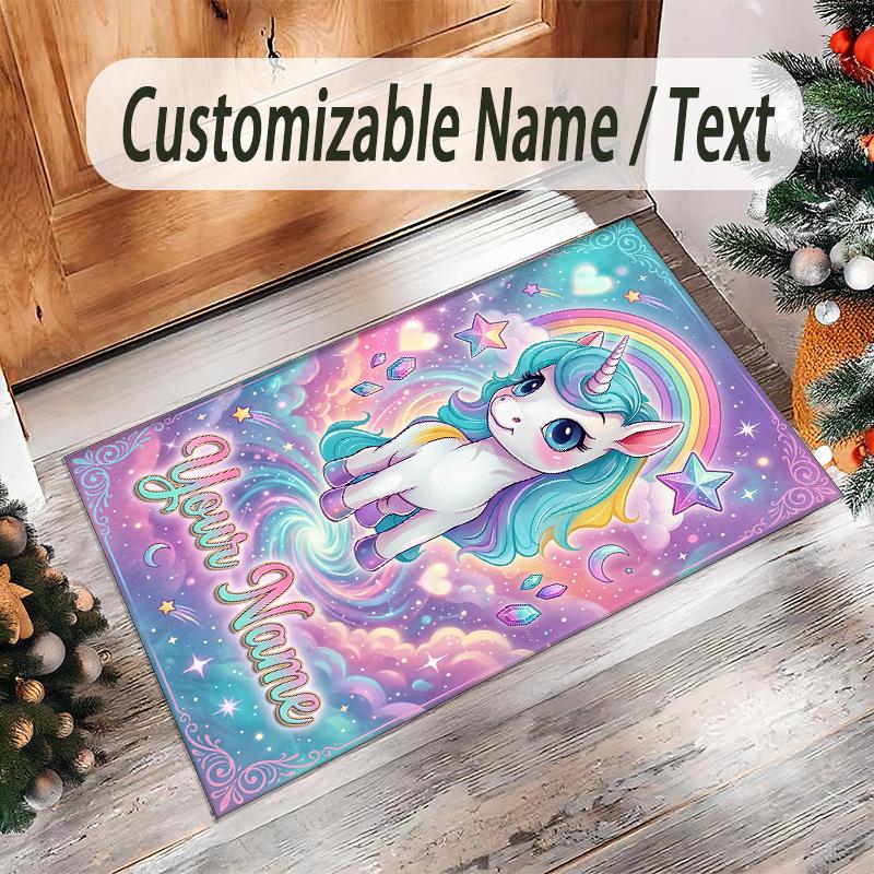 Alfombra de Suelo de Terciopelo de Cristal con Temática de Unicornio, Alfombra Cálida Personalizada con Nombre y Texto, Decoración del Hogar
