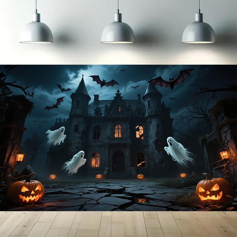 Halloween Party Backdrop with Pumpkin,Castle,Bat,Ghost Elements for Photo Booth,Party Event,Holiday Celebration,Wall Decor