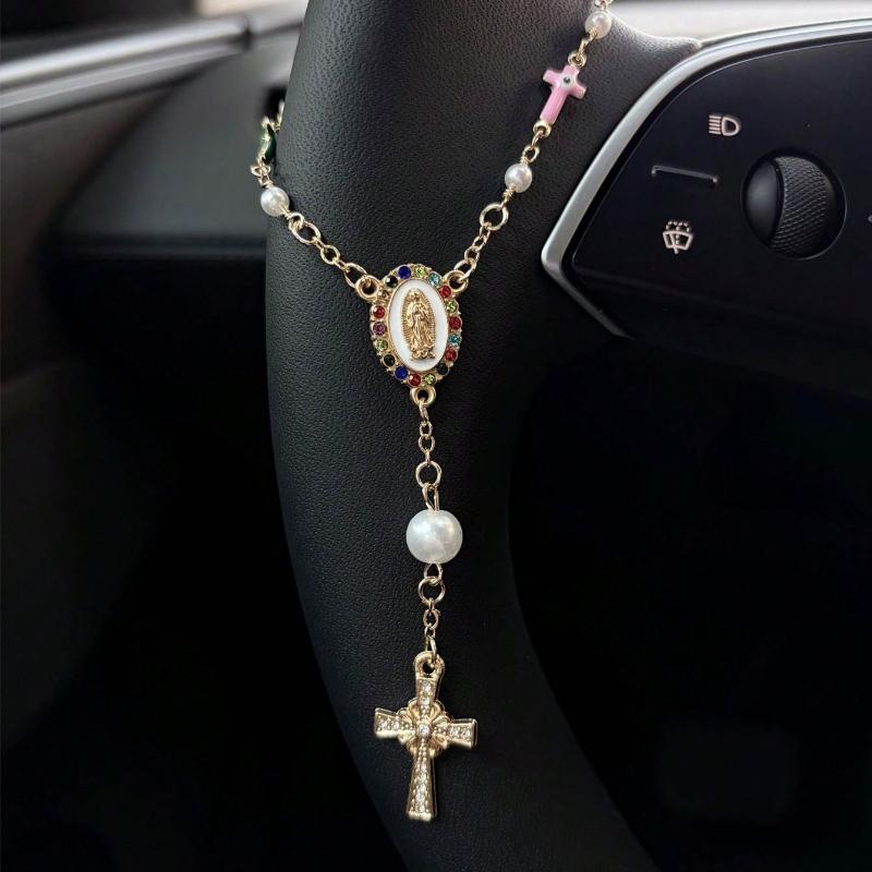 1pc Pink Pearl Cross Steering Wheel Rosary Ornament, Rosary Car Pendant Accessory, Unique Fashion Car Decor Accessory