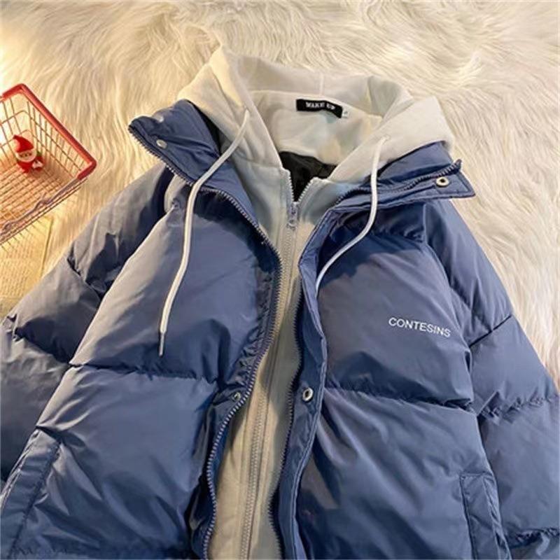 Fake two-piece hooded pink cotton jacket schoolgirl loose cotton coat thickened casual bread jacket