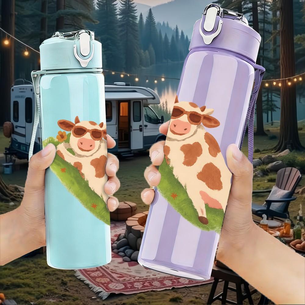1PC Lying Spotted Cow Cartoon 750ml Color Plastic Sports Water Bottle Leakproof Flip Straw Lid Suitable for Sports Office Home Use