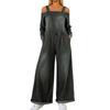 Ladies' Casual Denim Printed Long Sleeved Loose Pocket Jumpsuit