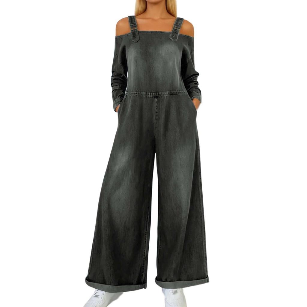 Ladies' Casual Denim Printed Long Sleeved Loose Pocket Jumpsuit