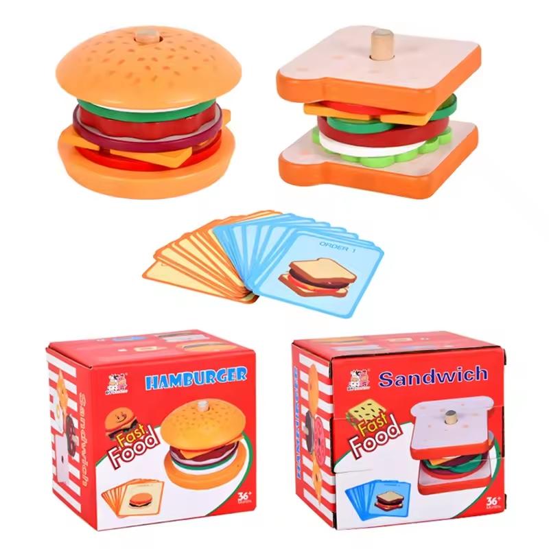 Children Pretend Play Kitchen Wooden Toys Playsets Hamburger Sandwich Simulation Food Matching Games Montessori Learning Educational Stacking Toy