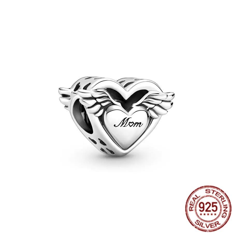 Fine S925 Sterling Silver Love You Mom Double Heart Split Dangle Charm Beads Fit Original  Bracelet DIY Women Jewelry Gift