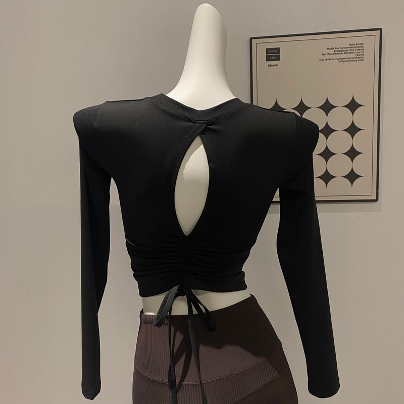 

[Весна Новинка] Одежда для йоги с длинным рукавом Поставляется с нагрудными вкладышами Чистое Желание Складка на спине Облегающий талию Четыре сезона Можно носить Black M(96-105)