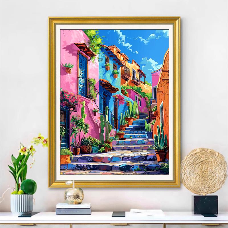 5d DIY Diamond Painting Cross Stitch Colorful Town Scenery Diamond Embroidery Mosaic Full Round Drill Home Decor