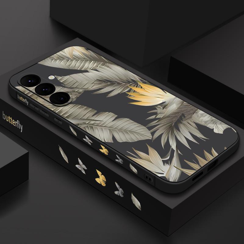 Luxury Golden Leaves Texture Soft Cover For Samsung Galaxy A56 A17 A26 A16 A36 A55 A54 A53 A15 S24 S25 FE S25 S22 S23 Ultra Plus Lanyard Soft Cover