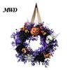 Wall Fireplace Hanging Ornaments Halloween Wreaths for Front Door, Skull Pumpkin Wreath with Berries, Black Spooky Bat Cabin Party Props Roses, Purple