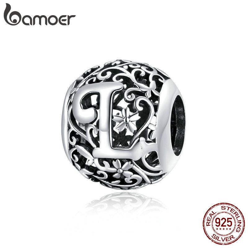 BAMOER 925 Silver Retro Letter Charms Hollowed Alphabet A-Z Round Beads for Women Bracelet DIY Jewelry Making