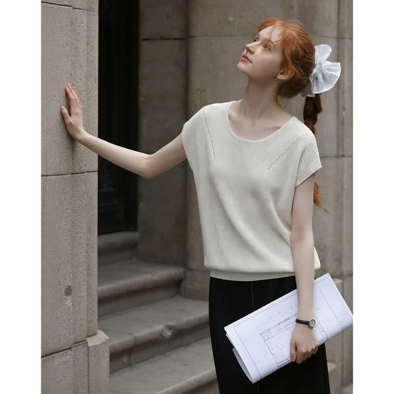 Demana Women s Linen Lyocell Blend Knit Short Sleeve Top S