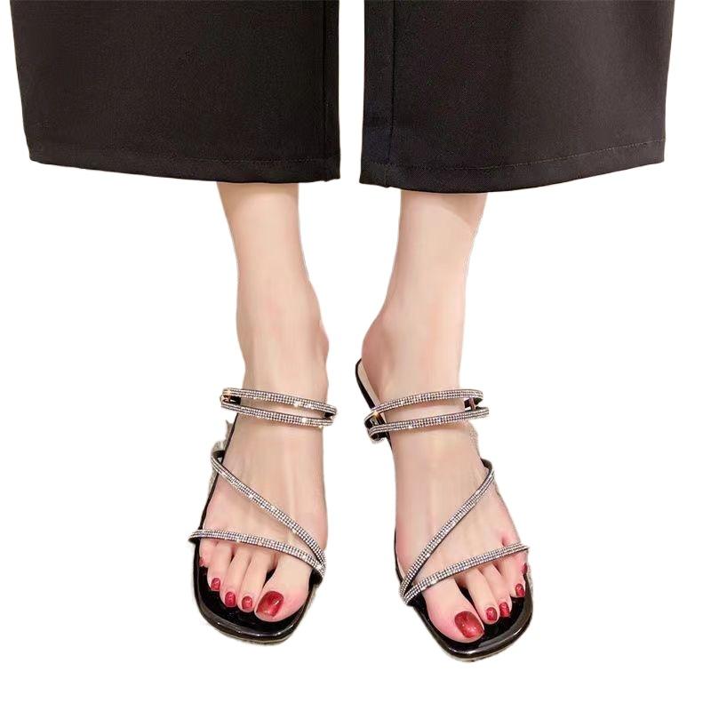 Fashion Women High Heel Sandals Summer Fashion Retro Kawaii Rhinestone Square Toe Green Buckle Sweet Lolita Barefoot Party Shoes