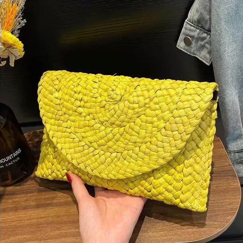 Fashion Beach Purse Women Summer Beach Bag Envelope Woven Clutch Solid Color Large Capacity Storage Bag Corn Husk Straw Hand Bag