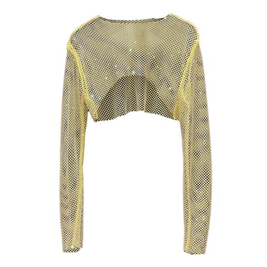 Women Crop Top Rhinestone Decor Hollow Out Short See-through Long Sleeve Round Neck Waist-exposed Clubwear Party Top