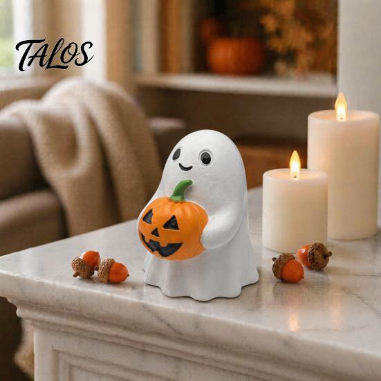 Cute Halloween Table Topper Ghost Pumpkin Ornaments, Resin Smiling Desktop Decorations for Home Delicate Craft Office Party Decor, Healing Miniature