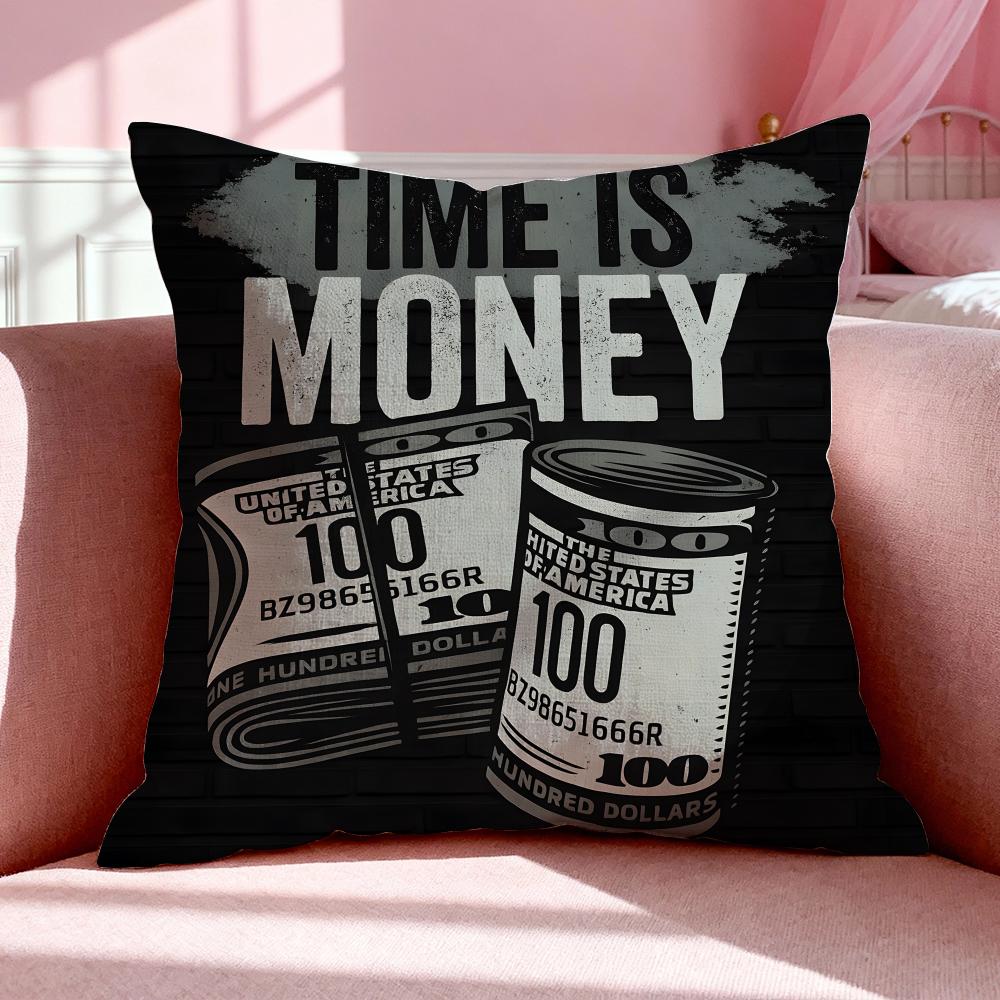 Slogan TTime is Money Cushion Cover Breathable Linen Pillowcase Summer Odorless EcoFriendly Invisible Zipper Washable