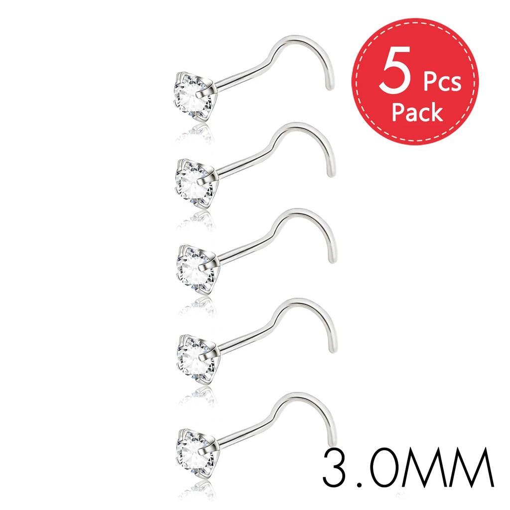 5Pcs CZ Gem Stainless Steel Nose Piercing Stud Crystal Nariz Body Jewelry S L Bone Shape Nostril Rings for Women Girl 20g 0.8mm
