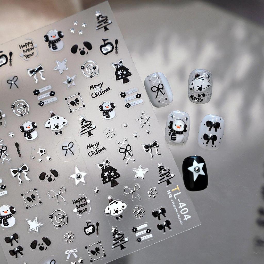 Christmas Puppy & Snowman Nail Art Stickers - Waterproof, Cute Style with Silver Pearl, Ideal for DIY Manicures