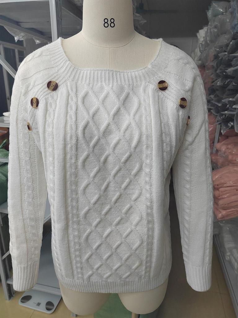 2024 Autumn/Winter Women's Casual Square Neck Button Cable Knit Sweater