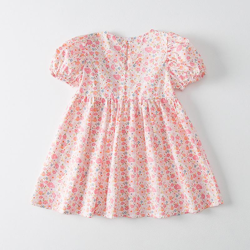 Girls Summer Square Neck Puff Sleeve Floral Lace Princess Dress Short Sleeve Sweet Children Dress For Kids Party Wear