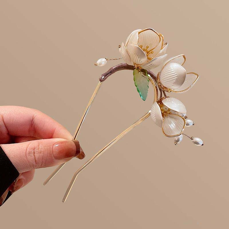 New Chinese Style White Flower Hair Stick For Women Retro Elegant Metal U-shaped Hairpin Hanfu Hair Pin Hair Accessories