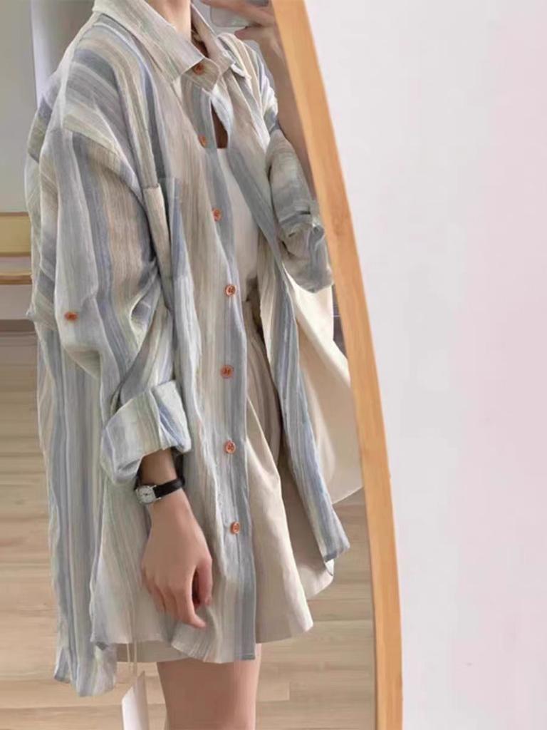 Spring and Autumn Striped Shirt Jacket Women's Design Sense Versatile Korean Edition Sense Sunscreen Niche Outdoor Casual Top