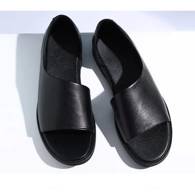 2024 zapatos de cuero genuino de verano sandalias de hombre zapatos planos de vacaciones de verano cuero de vaca antideslizante negro puro