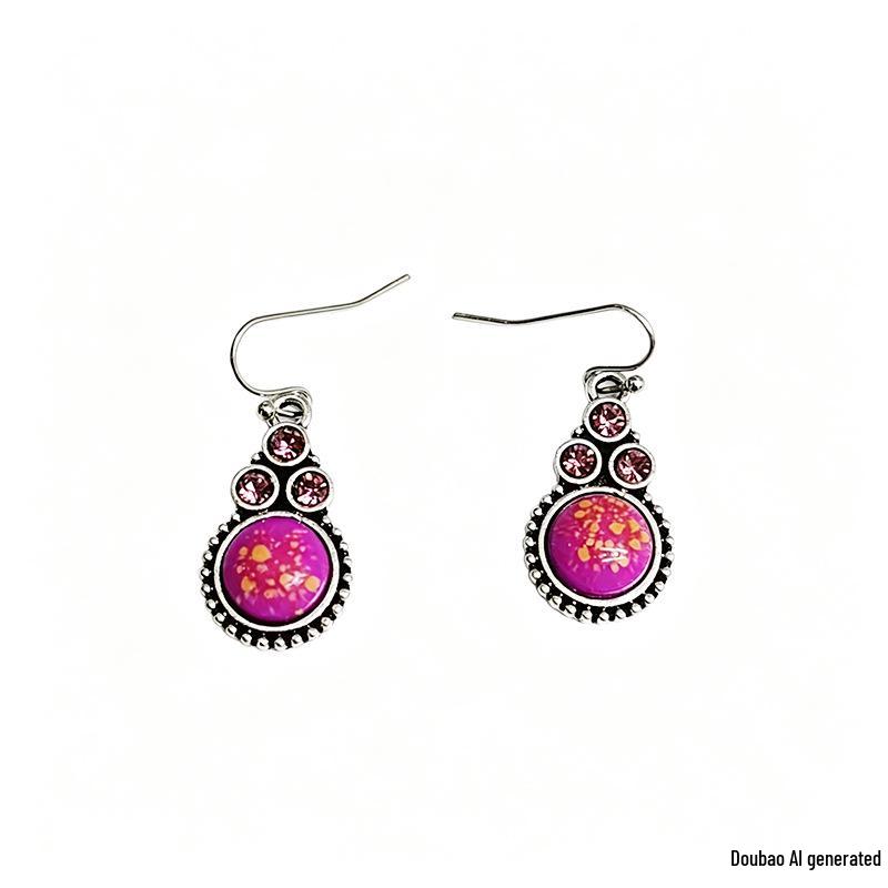 Exotic Rose Purple & Gold Drip Glaze Earrings with Diamonds & Round Stone