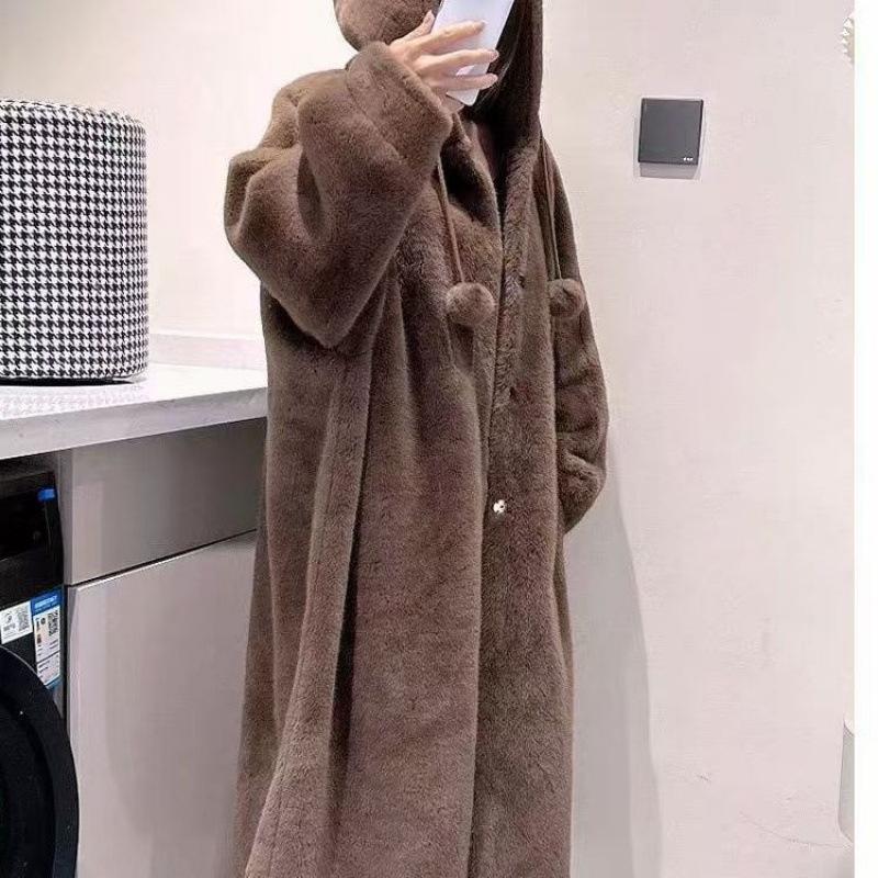 Imitation Mink Fur Hooded Jacket Women Thickened Coat Winter Plush Soft Loose Long Eco-friendly Coat Female Clothes