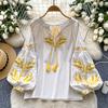 Fashion Blouse for Women Lantern Sleeve Loose Bandage Shirts  Vintage Embroidery Spring Blouses Tops