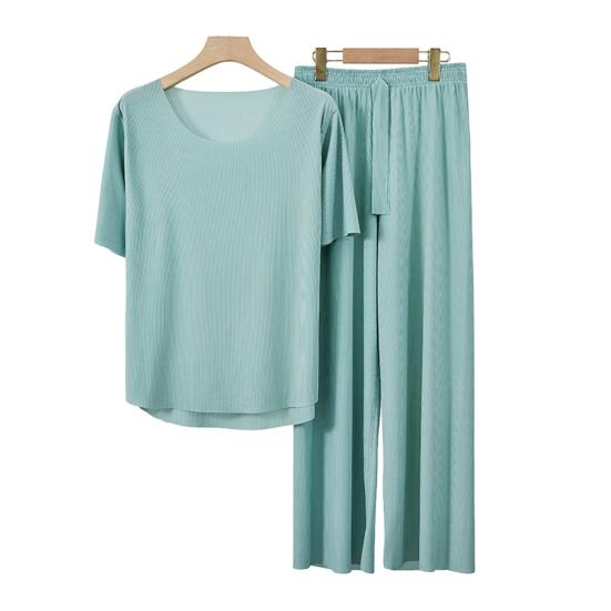 2Pcs/Set Summer Pajamas Set O-Neck Short Sleeve Tee Shirt Elastic Waist Long Pants Set Ice Silk Solid Color Sleepwear