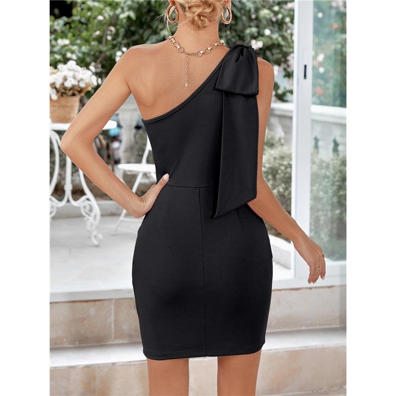 Europäisches und Amerikanisches Sommer Damen Neues Ein-Schulter Einfarbig Lässiges Trägerkleid Hüftkleid Elegant Einfarbiges Abendkleid