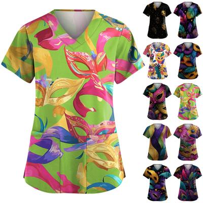 Damska Moda Dekolt w Serek Krótki Rękaw Odzież Robocza z Kieszeniami Top z Nadrukiem Karnawałowym Mundurek Opiekuna