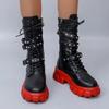 Fashion Hot Motorcycle Boots 2024 Autumn Fashion Black Red Gothic Platform Buckle Chain Punk Rivet Combat Boots Large Size Women's Shoes
