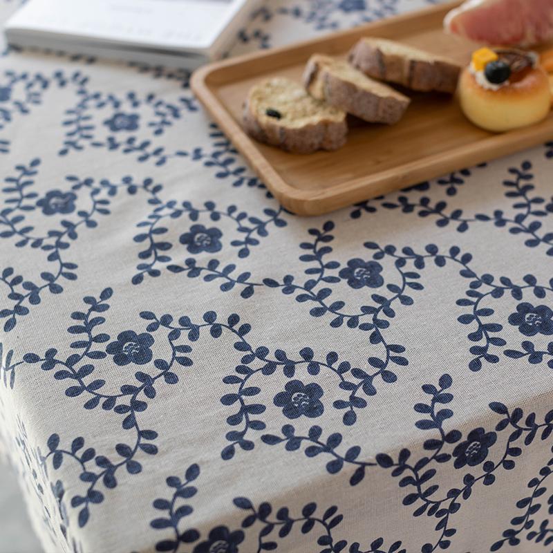 Cotton Linen Nordic Blue Vine Flower Tablecloth Round Rectangular Cover Towel Retro Pastoral Table Cloth Photo Background Wall