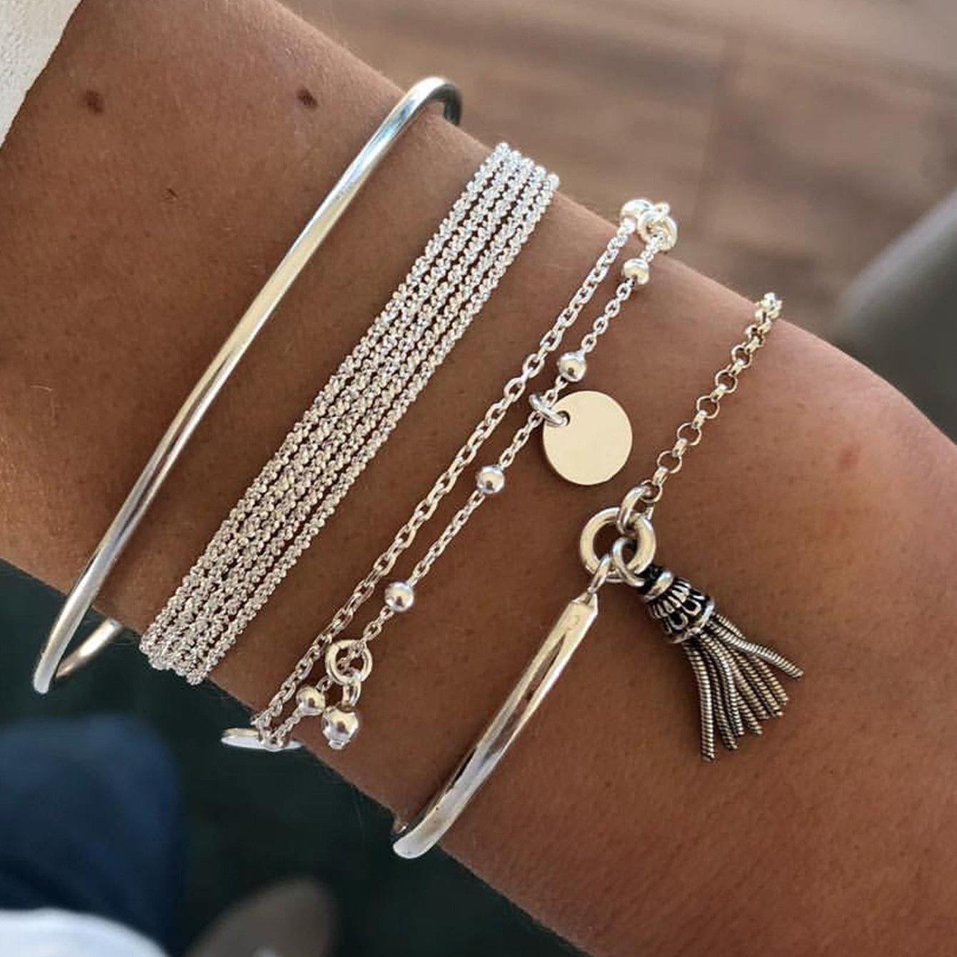 

Простой серебряный гладкий браслет с бахромой, индивидуальный многослойный набор из 4 браслетов с цепочкой и диском серебряный