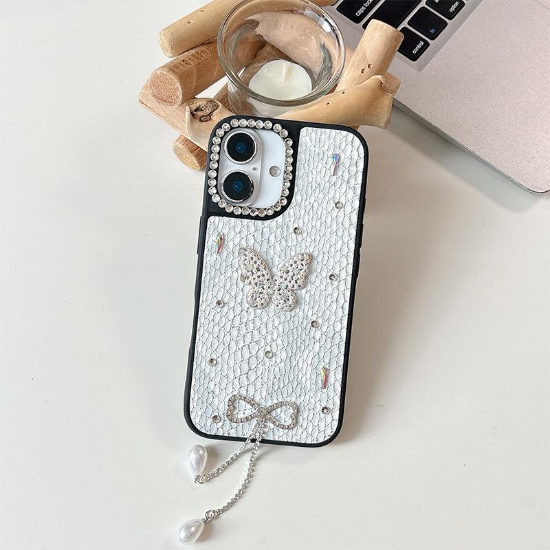 

Silver Bead Butterfly Mobile Phone Case for Apple 17 Promax Rhinestone Tassel Pearl Pendant for IPhone 16 Plaid Leather For iPhone 17Promax